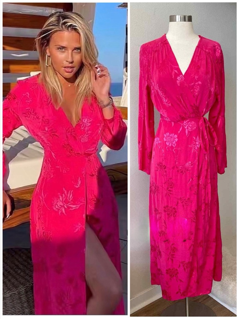 ZARA Jacquard Satin Wrap Kimono Style Dress In Fuchsia